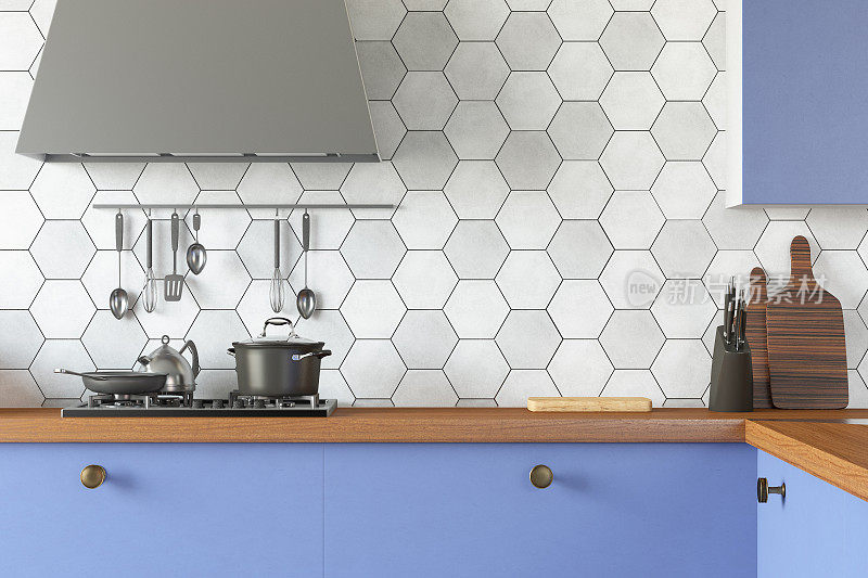 Modern Blue Kitchen Counter with Kitchen Utensil